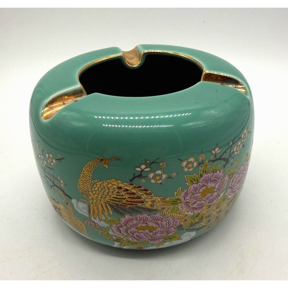 Vintage Japanese Kutani Ware Ashtray Peacock‎ Floral Gold Gilt Decor